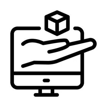 Hand hold cube computer screen icon vector outline illustration Stock Illustration