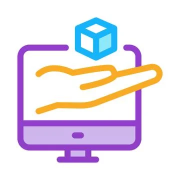 Hand hold cube computer screen icon vector outline illustration Stock Illustration