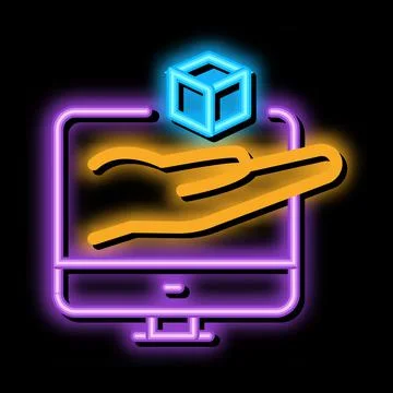 Hand hold cube computer screen neon glow icon illustration イラスト素材