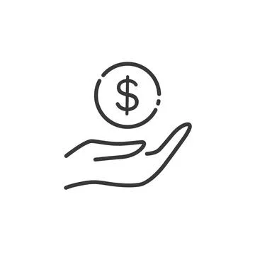 Hand hold dollar coin thin line icon. Cash money concept. Outline commerce ve Illustrazione stock
