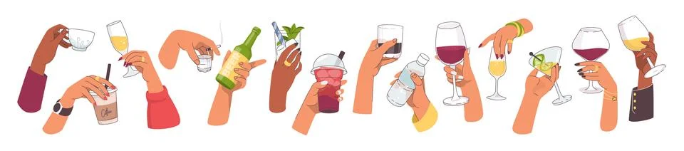 Hand hold drinks set. Beverages in glasses, takeaway coffee and tea, wineglass Stock Illustration