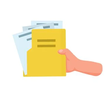 Hand hold file. Yellow folder with documents. Paper pages. Stock Illustration