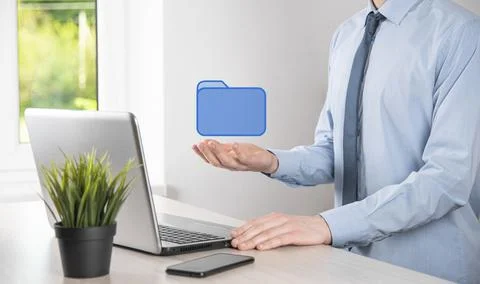 Hand hold folder icon.Document Management System or DMS setup by IT consultan Stockfoto's