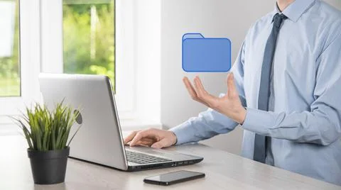 Hand hold folder icon.Document Management System or DMS setup by IT consultan Stockfoto's