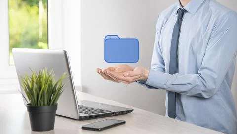 Hand hold folder icon.Document Management System or DMS setup by IT consultan Foto stock
