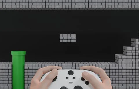 Hand hold game controller with old game background 3D render Stock Illustration