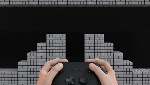 Hand hold game controller with old game background 3D render Stock Illustration