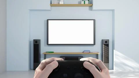 Hand hold game controller with television in the room 3D render illustration Stock Illustration