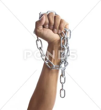 Hand hold hard shiny metal chain isolated on white background Stock Photos