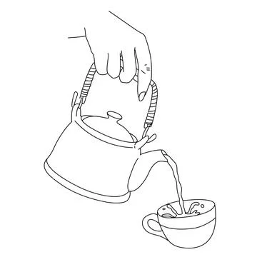 A hand hold a kettle pouring tea into a cup outline art drawing on white backgro Illustration