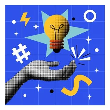 Hand hold lamp. Idea symbol. Paper halftone monochrome arm. Abstract background Stock Illustration