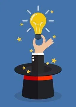Hand hold light bulb coming out of magic hat Stock Illustration