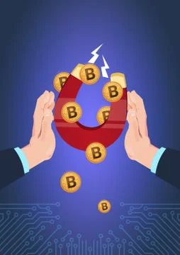 Hand hold magnet bitcoin pulling. Computer mining communication support, crypto 스톡 일러스트