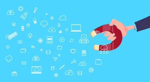 Hand hold magnet communication data cloud internet synchronization icon pulling 库存插图
