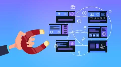 Hand hold magnet over data privacy computing center with hosting servers Ilustração Stock