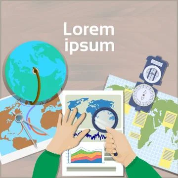 Hand Hold Magnifying Glass Study Maps Top Angle View Of Workplace Geography And 스톡 일러스트