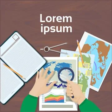 Hand Hold Magnifying Glass Study Maps Top Angle View Of Workplace Geography And 스톡 일러스트