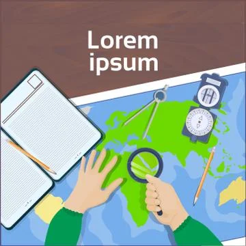 Hand Hold Magnifying Glass Study Maps Top Angle View Of Workplace Geography And 스톡 일러스트