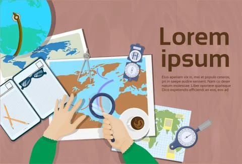 Hand Hold Magnifying Glass Study Maps Top Angle View Of Workplace Geography And Stock Illustration