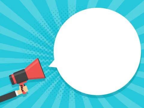 Hand hold megaphone comic retro background with bubble. Vector illustration 库存插图