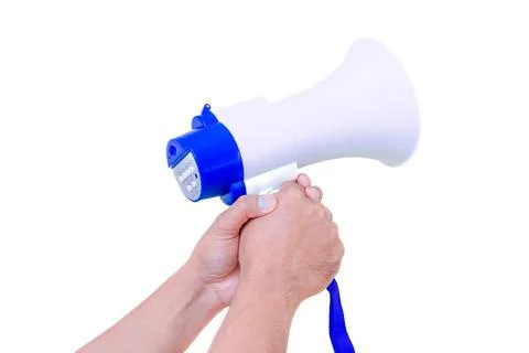 A hand hold megaphone speaker isolated on white background Stock Photos