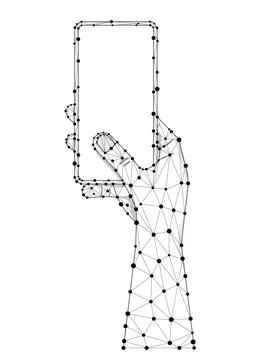 Hand hold mobile phone polygon wireframe vector illustration. Stock Illustration