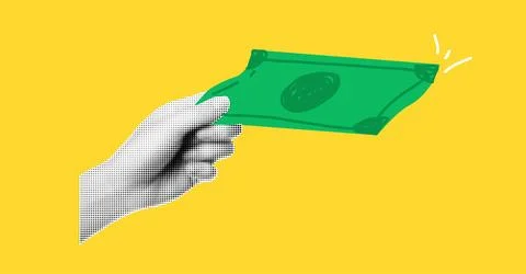 Hand hold money elements for collages. Halftone effect. Retro illustration on Stock Illustration