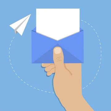 Hand hold open blue postal envelope Stock Illustration