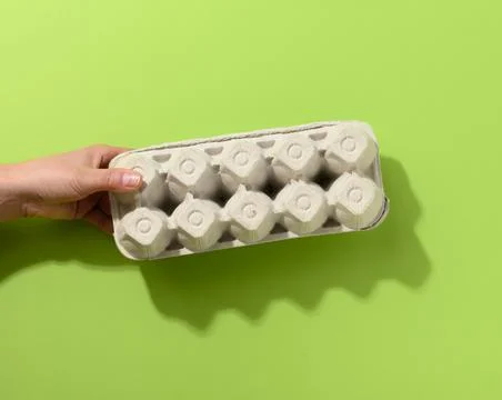 Hand hold paper rectangular tray for chicken eggs on a green background Fotos Stock