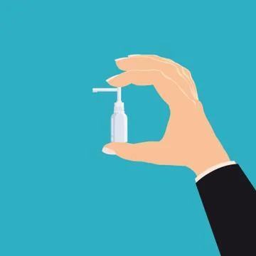 Hand hold pharmacy bottle plastic medicine spray for medicine. Template banner Stock Illustration