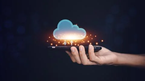 Hand hold phone on cloud data technology Stock-Fotos