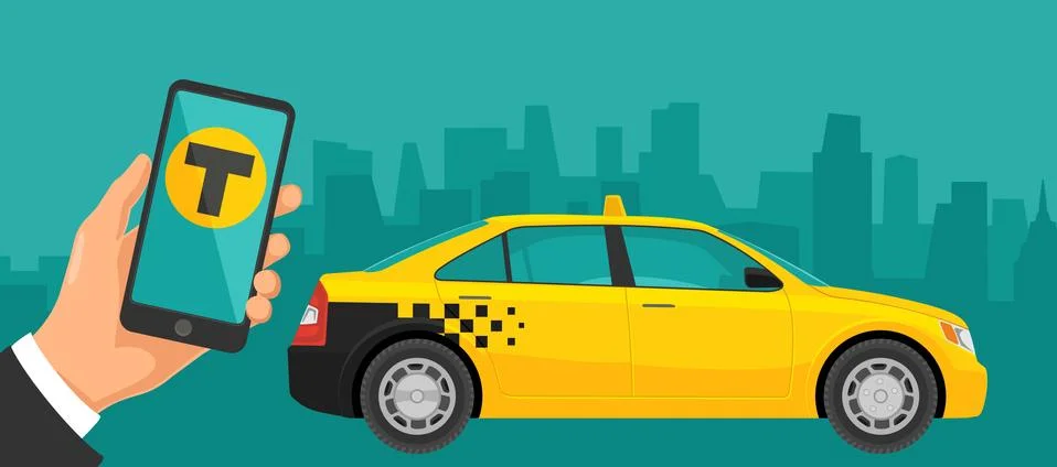 Hand hold phone with interface on a screen booking taxi service. Illustrazione stock