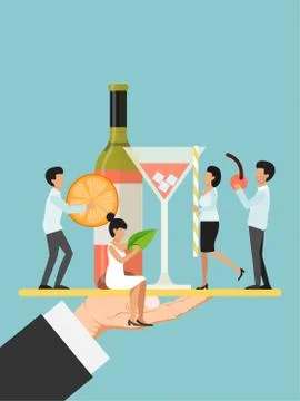 Hand hold platter with tiny character male, female waiter flat vector Ilustração Stock