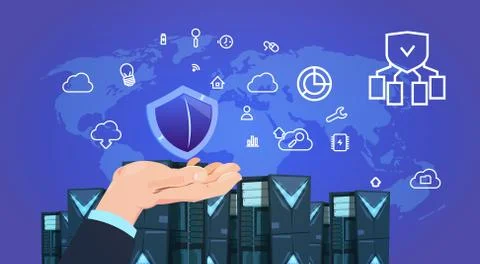 Hand hold shield data protection cloud servers center with hosting infographic Illustrazione stock