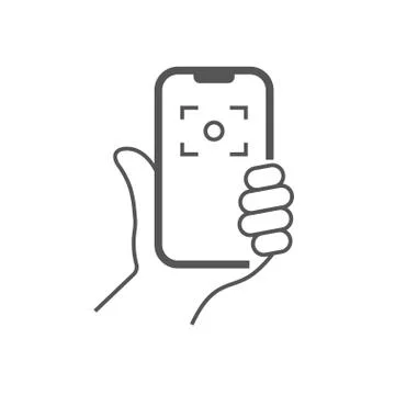 The hand hold the smartphone and doing selfie. Photo on smartphone. Editable 스톡 일러스트