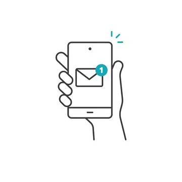 Hand hold smartphone, email send, new message notification line icon. Phone Stock Illustration