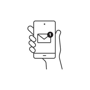 Hand hold smartphone, email send, new message notification line icon. Phone Stock Illustration