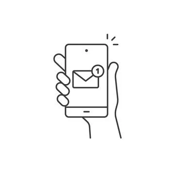Hand hold smartphone, email send, new message notification line icon. Phone Stock Illustration