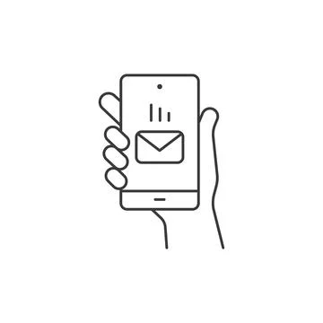 Hand hold smartphone, email send, new message notification line icon. Phone Stock Illustration