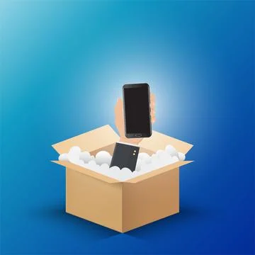 Hand hold smartphone up from the opening box. Creative and idea concept. Vect Stock Illustration