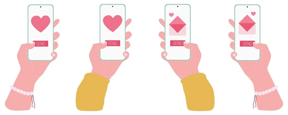 Hand hold Smartphone Vector Set. Send or receive Love sms, Letter, email wi.. Stock Illustration