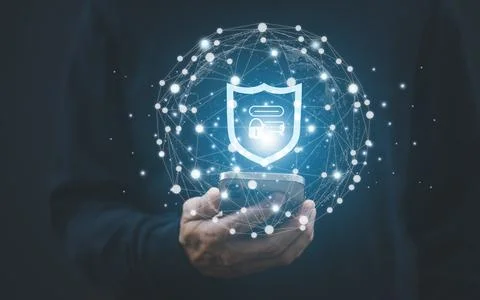 Hand hold Smartphone with virtual global with cyber security, Login, User, id Stock Photos