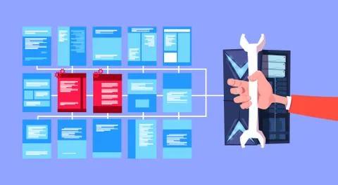 Hand hold spanner over data privacy computing center with hosting servers Illustrazione stock