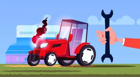 Hand hold spanner over tractor plowing field eco farming concept flat Stock Illustration
