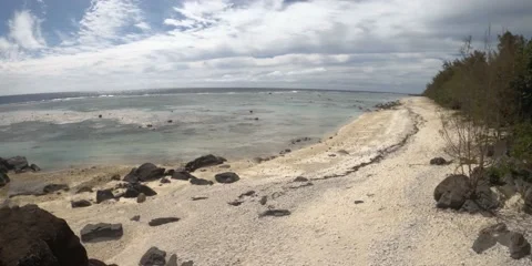 Hand hold still view of beach side coastline bay with large and small Basalt bla Stock Footage 235311860