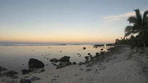 Hand hold still view of ocean coastline bay sandy rocky beach with coconut trees Stock Footage 235319590