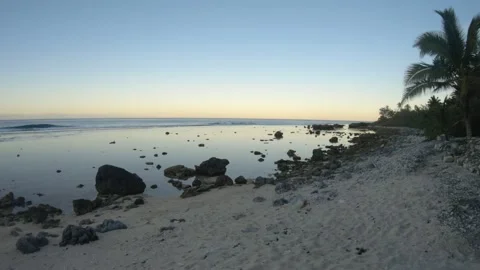 Hand hold still view of ocean coastline bay sandy rocky beach with coconut trees Stock Footage 235322968
