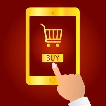 Hand hold tablet and pointing to the screen, shop online store on the smartphone Stock Illustration