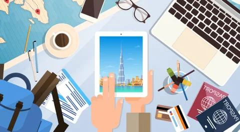 Hand Hold Tablet Computer With Dubai Skyline Panorama, Traveler Workplace With Stock Illustration