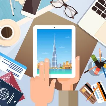 Hand Hold Tablet Computer With Dubai Skyline Panorama, Traveler Workplace With Stock Illustration
